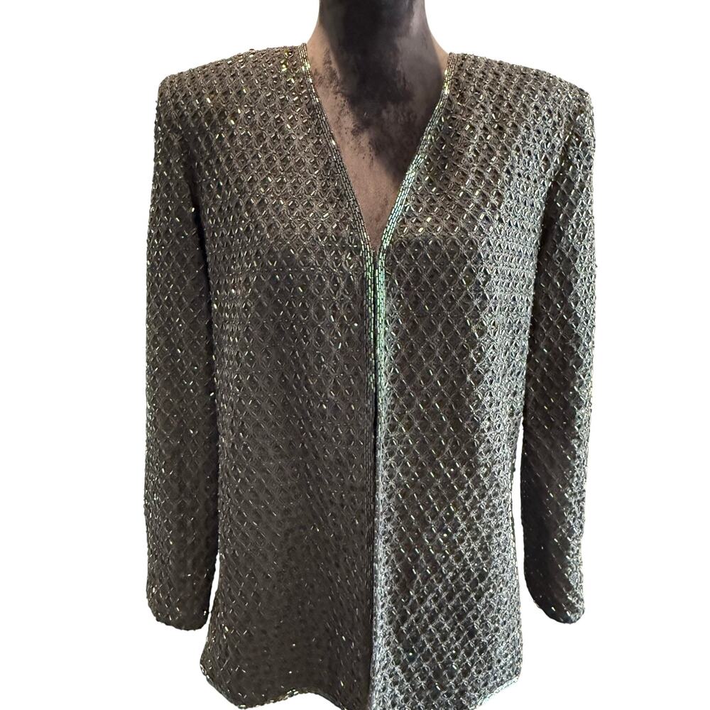 Vintage Black Tie by Oleg Cassini Size 8 Elegant Black Beaded Jacket Cardigan